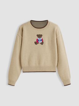 Cider - Round Neckline Graphic Bear Long Sleeve Sweater