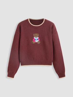 Cider - Round Neckline Graphic Bear Long Sleeve Sweater