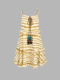 Cider - Chiffon Square Neck Striped Ruffle Trim Tassel Cami Midi Dress