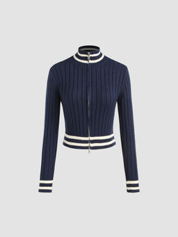 Cider - Knit High Neck Solid Zipper Long Sleeve Top