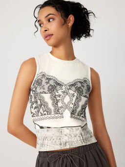 Cider - Round Neck Lace Graphic Printed Crop Top