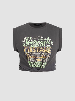 Cider - Round Neckline Graphic Knotted Crop Top Curve & Plus