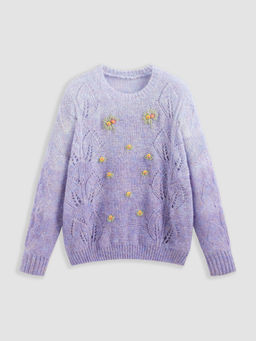 Cider - Wool Blend Round Neck Embroidery Floral Ombre Knit Sweater
