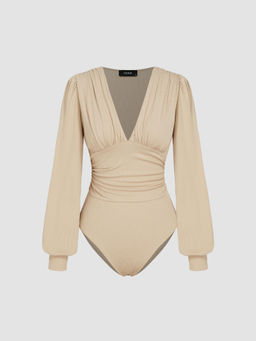 Cider - Jersey V Neck Solid Ruched Bodysuit