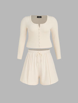 Cider - U Neckline Button Long Sleeve Top & Elastic Waist Shorts Curve & Plus (Set of 2)