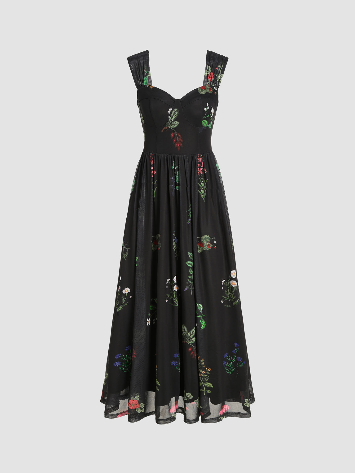 Square Neck Floral Mesh Maxi Dress