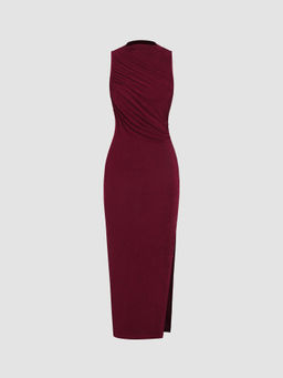 Cider - Jersey High Neck Sleeveless Solid Split Maxi Dress ()