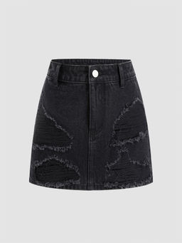 Cider - Denim Low Waist Solid Ripped Mini Skirt
