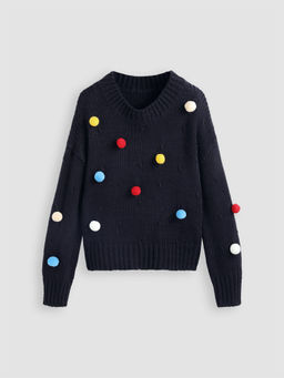 Cider - Round Neckline Solid Sweater with Colorful Pom Poms