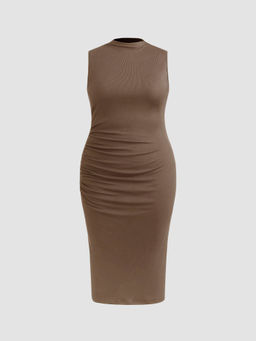 Cider - High Neck Ruched Midi Dress Curve & Plus