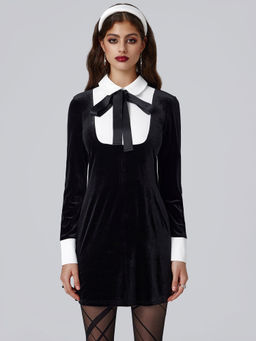 Cider - Velvet Polo Bowknot Mini Dress