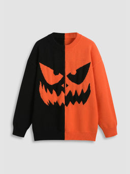 Cider - Halloween Round Neck Patchwork Pumpkin Long Sleeve Sweater