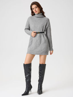 Cider - Knit Cable Knit High Neck Solid Mini Dress