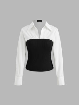 Cider - Collar Patchwork Button Long Sleeve Blouse Top