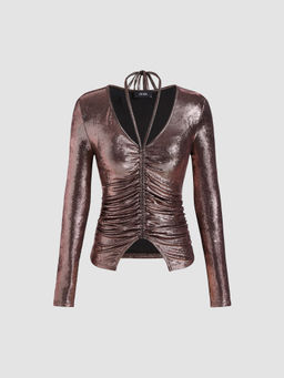 Cider - Metallic Round Neck Ruched Tie Back Long Sleeve Tee