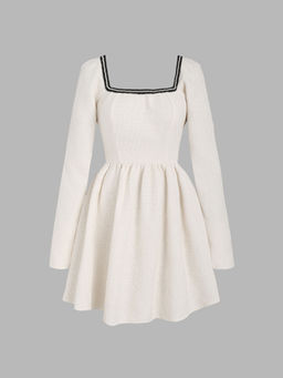 Cider - Tweed Square Neck Long Sleeve Ruffle Mini Dress