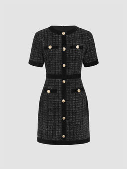 Cider - Tweed Round Neckline Solid Metallic Button Mini Dress