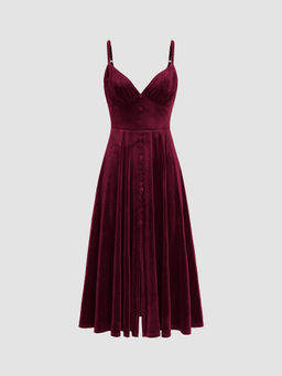 Cider - Velvet V Neck Solid Ruffle Midi Dress ()