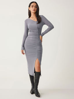 Cider - Rib Asymmetrical Neck Solid Ruched Midi Dress
