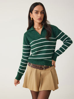 Cider - Wool Blend Polo Stripe Knitted Long Sleeve Top