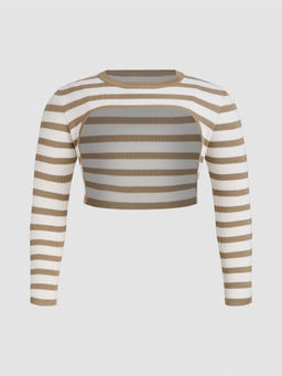 Cider - Round Neckline Stripe Knitted Long Sleeve Shrug Curve & Plus