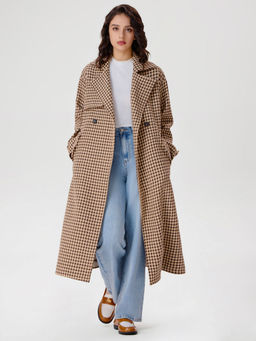 Cider - Tweed Collar Houndstooth Double Breasted Belted Coat