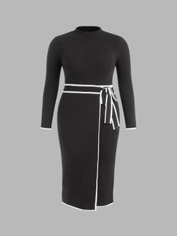 Cider - Knit Stand Collar Belted Bowknot Maxi Dress Curve & Plus