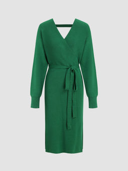 Cider - Knit V Neck Solid Split Belted Midi Wrap Dress
