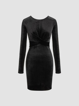 Cider - Velvet Round Neck Solid Twist Mini Dress ()