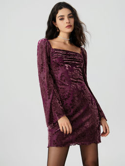 Cider - Velvet Square Neck Floral Ruched Mini Dress ()