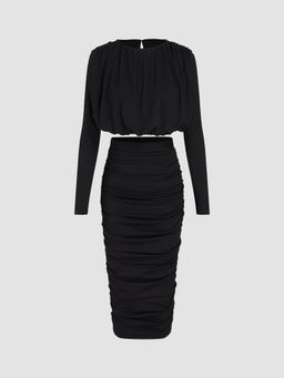 Cider - Round Neck Long Sleeve Crop Top & Ruched Pencil Maxi Skirt (Set of 2)