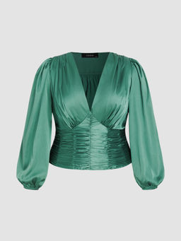 Cider - Satin V Neck Solid Ruched Long Sleeve Blouse Top Curve & Plus