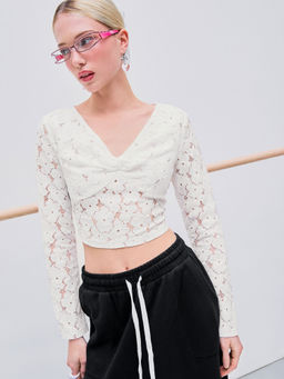 Cider - Lace V Neck Long Sleeve Crop Blouse Top