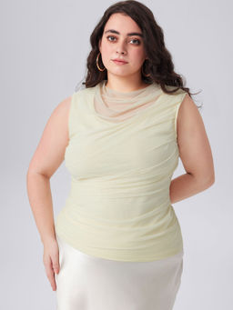 Cider - Mesh Patchy Turtle Neck Solid Ruched Crop Top Curve & Plus