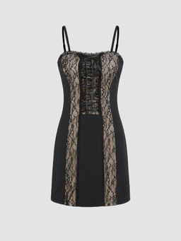 Cider - Lace Patchy Sweetheart Lace Up Mini Dress