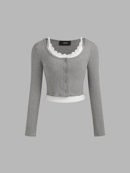 Cider - Rib Button Long Sleeve Top with Ruffle Hem Cami Top (Set of 2)