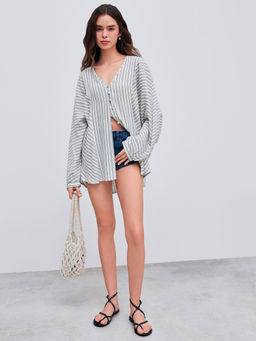 Cider - Woven V Neck Striped Long Sleeve Shirt