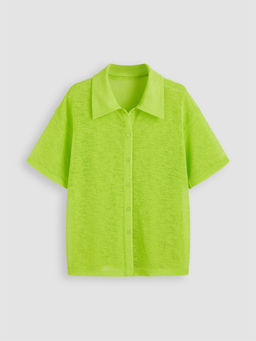 Cider - Collar Solid Button See Through Short Sleeve Shirt