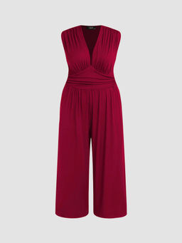 Cider - V Neck Ruched Solid Wide Leg Jumpsuit Curve & Plus