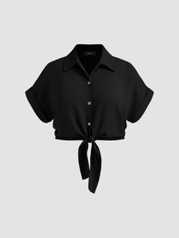 Cider - Woven Collar Solid Roll Up Sleeve Knotted Blouse Curve & Plus