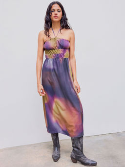 Cider - Chiffon Halter Abstract Shirred Midi Dress