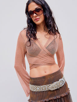 Cider - Metallic V Neck Knotted Crop Long Sleeve Top