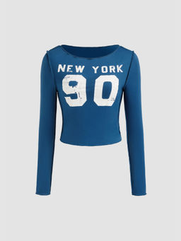 Cider - New York & 90 Graphic Boat Neck Crop Long Sleeve Tee