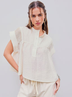 Cider - Linen Blend Stand Collar Texture Button Short Sleeve Blouse Top