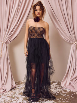 Cider - Lace Strapless Floral Asymmetrical Hem Tulle Maxi Dress