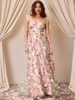 Cider - Sweetheart Floral Knotted Corset Tulle Maxi Dress