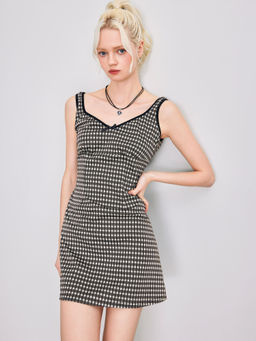 Cider - V Neck Check Bowknot Mini Dress