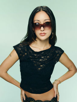 Cider - Lace Boat Neck See Through Crop Short Sleeve Top ()