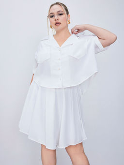 Cider - Collar Solid Short Sleeve Shirt & Pleated Mini Skirt (Set of 2)