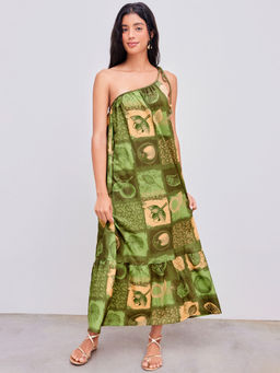Cider - Asymmetrical Neck Fruit & Floral Patchy Beaded Rope Knotted Midi Dress